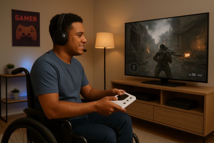 Young man in a wheelchair playing a video game 