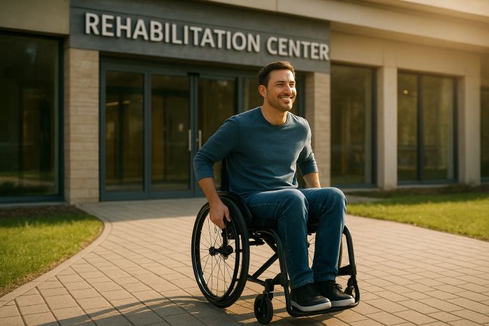 Man in wheelchair leaving Rehabilitation Hospital