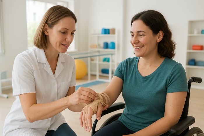 Occupational Therapist adjusting hand brace on lady in wheelchair