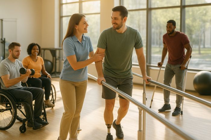 Physical Health - Man in Rehabilitation Centre walking between Parallel Bars