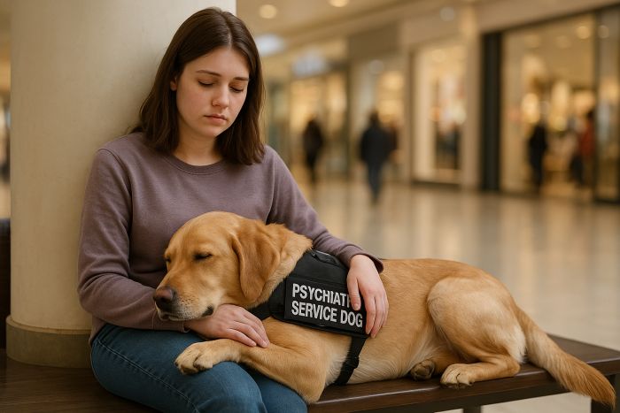Psychiatric Service Dog providing Deep Pressure Therapy to a woman in a shopping centre