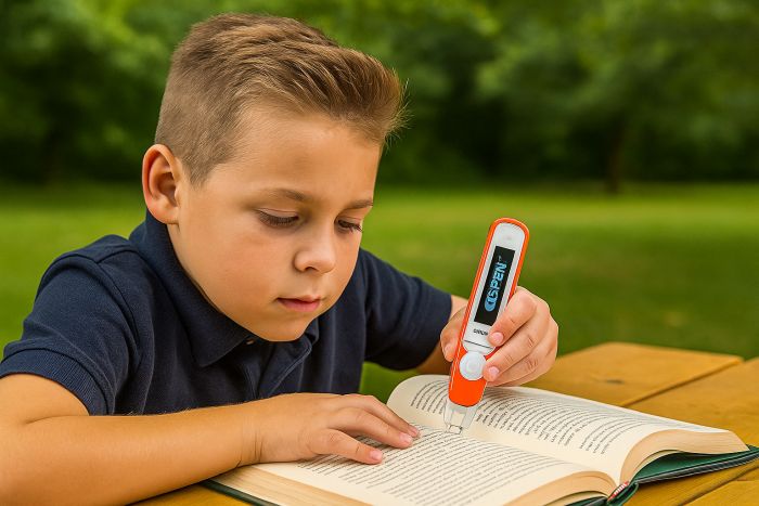 Young Boy using a Reading Aid to help him read a book