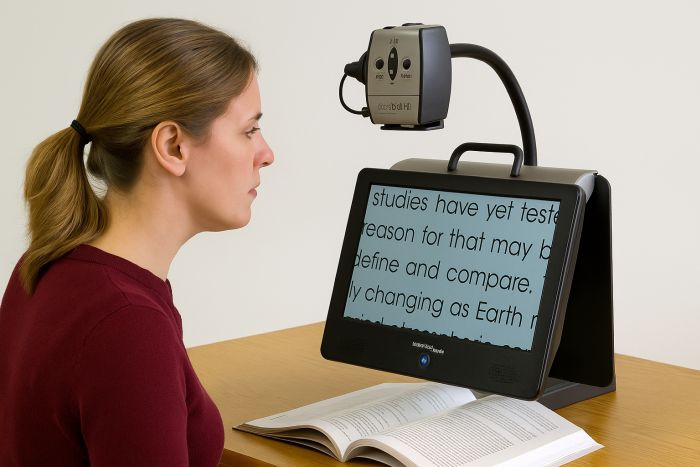Woman with a visual impairment reading with the assistance of zoom technology.