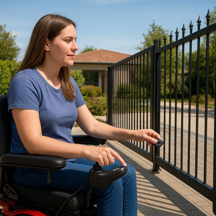 Woman in a motorized wheelchair using a remote control to open security gate
