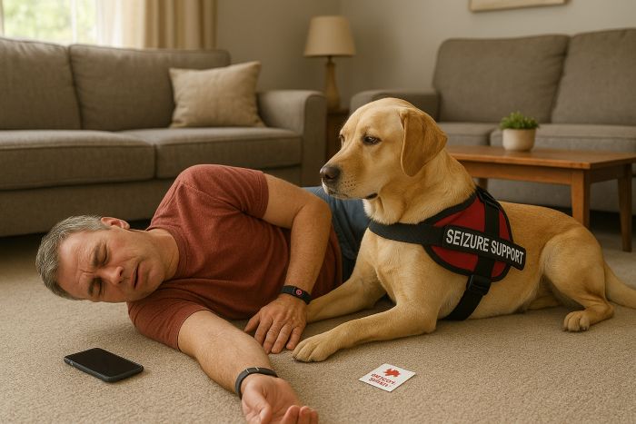 Seizure support dog providing support to man having seizure