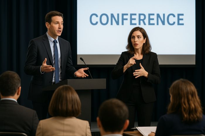 Man speaking at a conference and Sign Language interpreter interpritating what is said