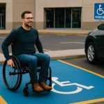 A man in a wheelchair waits to. be collected on a disabled parking bay