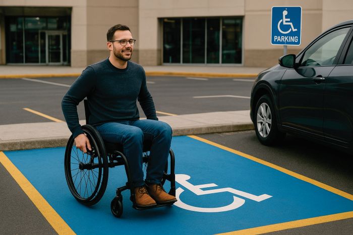 A man in a wheelchair waits to. be collected on a disabled parking bay