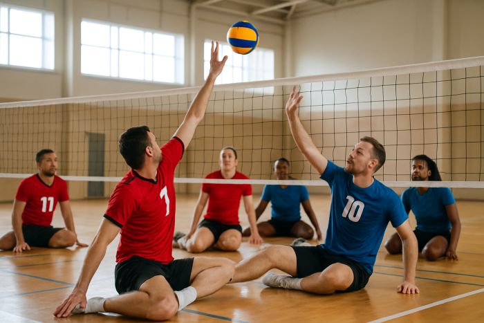 Two teams competing in Sitting Volley Ball