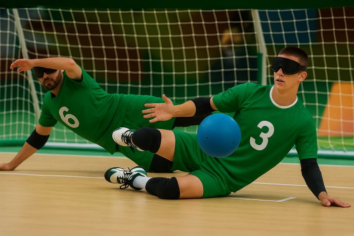 Men with blind folds playing Goalball