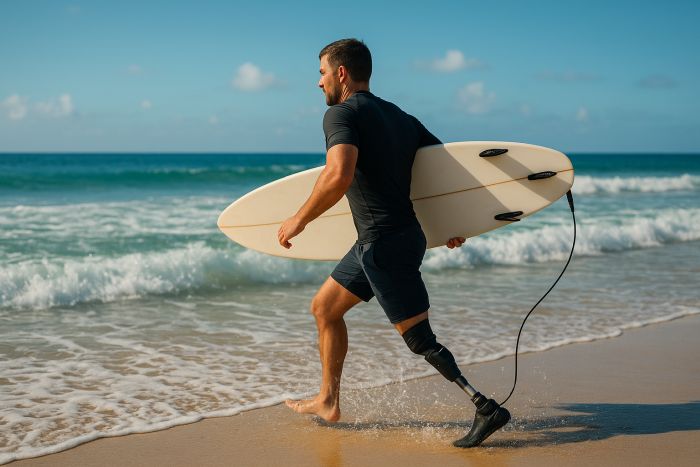 Surfer with a prosthetic leg running into the sea with his surfboard