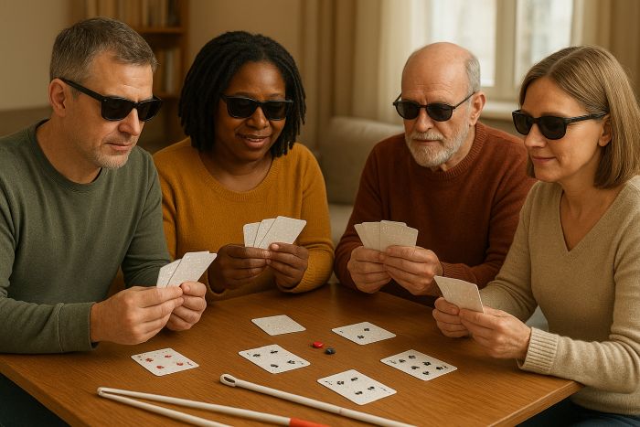 A group of people who are blind playing a card game using braille cards