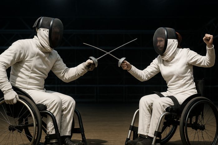 Man and woman competing in Wheelchair Fencing