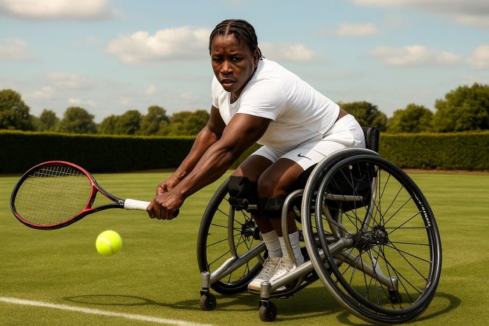 Man in a wheelchair playing Wheelchair Tennis