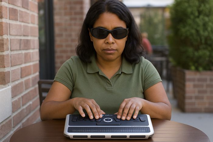 Blind woman with dark glasses taking notes using a Braille Notetaker