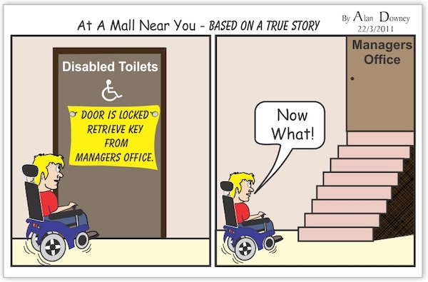 A Yes to Access Cartoon addressing inaccessibility and discrimination in a mall