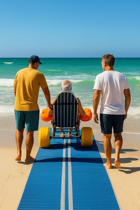 A gentleman is escorted onto the beach in a beach wheelchair