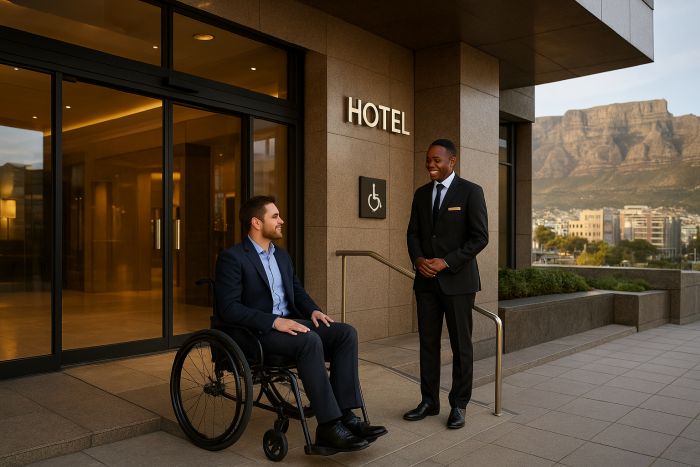 A man in a wheelchair speaks to a hotel manager to arrange accommodation