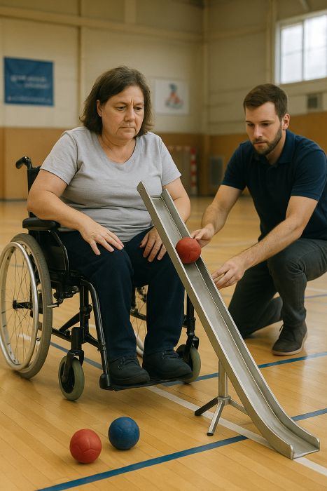 Lady leaning how to play Boccia using a Ramp