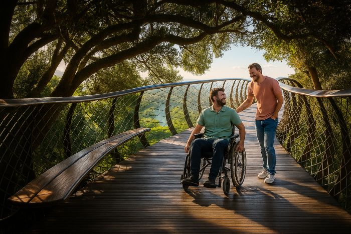 a man in a wheelchair is accompanied on an accessible overhead walkway as he explores a botanical garden