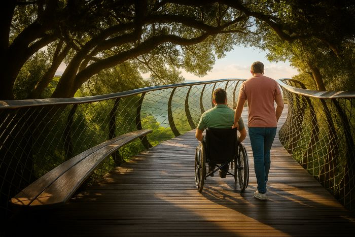 a man in a wheelchair is accompanied on an accessible overhead walkway as he explores a botanical garden