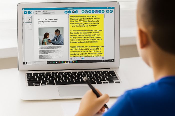 Boy working on computer with assistance of software