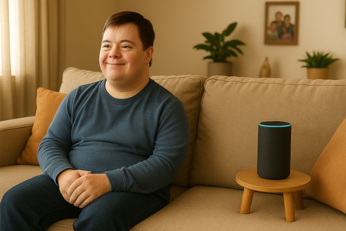 Man with Down Syndrome enjoying TV with assistance from Voice Activation Equipment