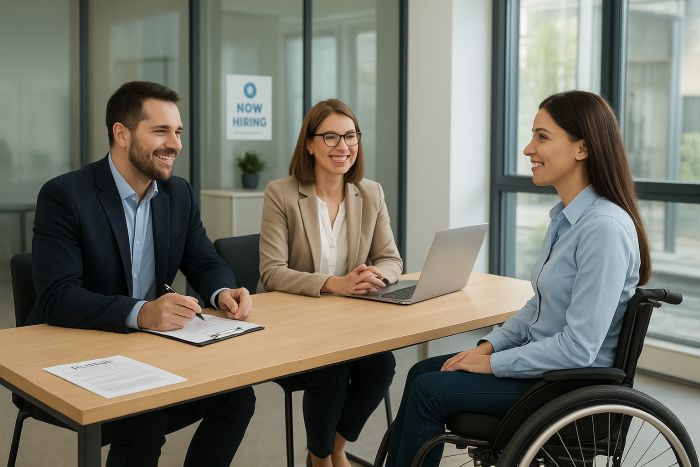 Lady in a wheelchair being interviewed for a job