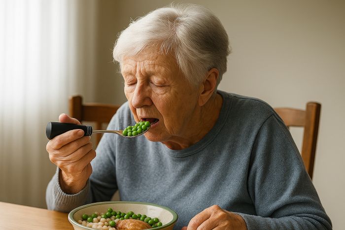 Woman with Parkinsons using an adaptive eating utensil