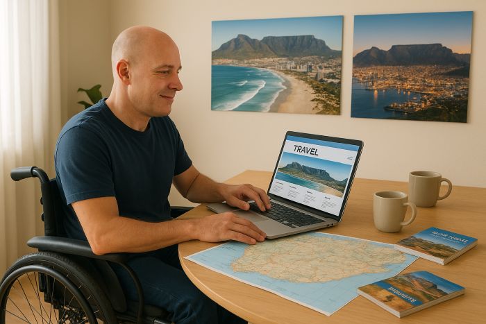 A man in a wheelchair sits at his laptop planning his holiday