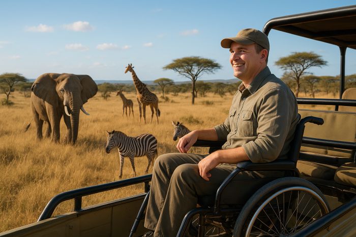 A man in a wheelchair enjoys a safari in africa