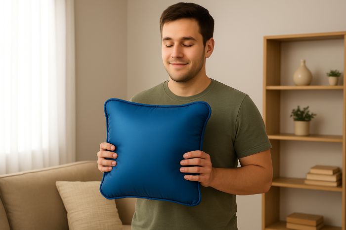 DeafBlind man holding a Sensory Aid Vibrating Cushion