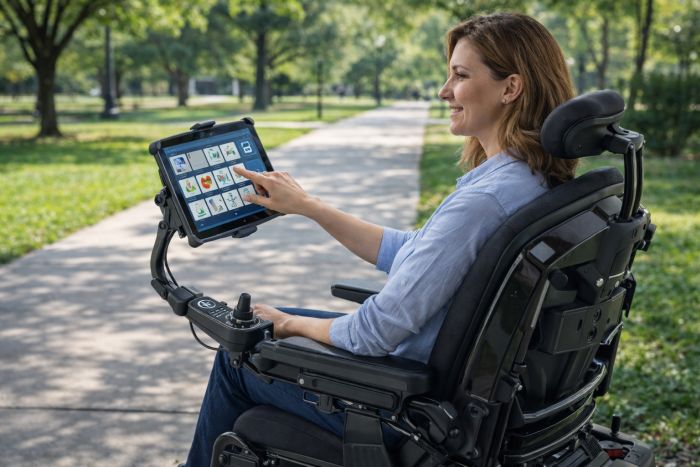 Woman in wheelchair using tablet connected to wheelchair