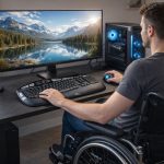 Man in a wheelchair using Desktop Computer
