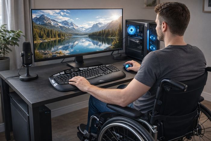 Man in a wheelchair using Desktop Computer 