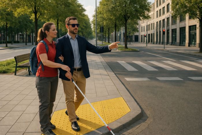 Middle-aged blind man learning orientation and mobility techniques from a female instructor