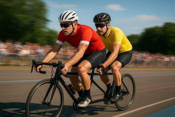 2 people on a tandem bicycle