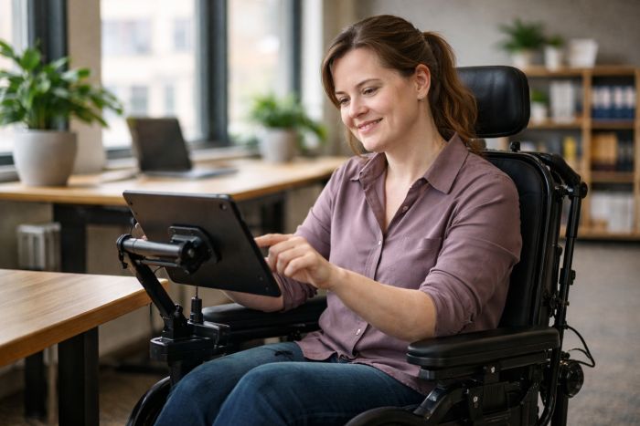 Woman in wheelchair using tablet connected to wheelchair